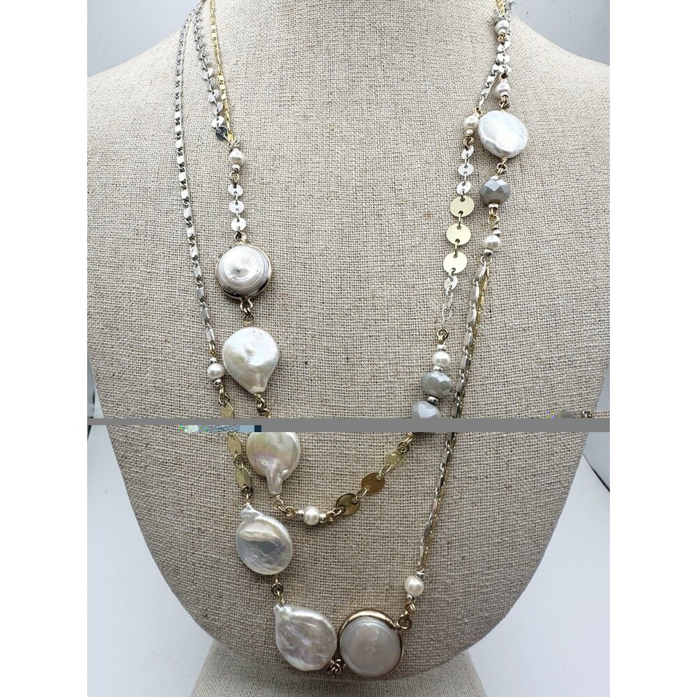 Lucky Brand Gold Silver Two Tone Freshwater Pearl Layer Necklace 44”
